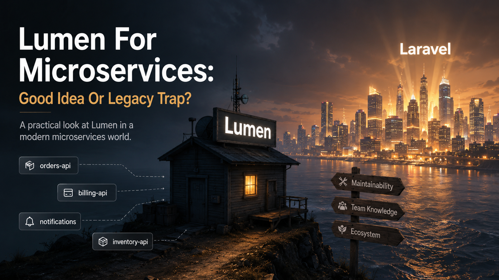 Lumen outpost building at the edge of a glowing Laravel city skyline, with service tile labels and directional signs for Maintainability, Team Knowledge, and Ecosystem