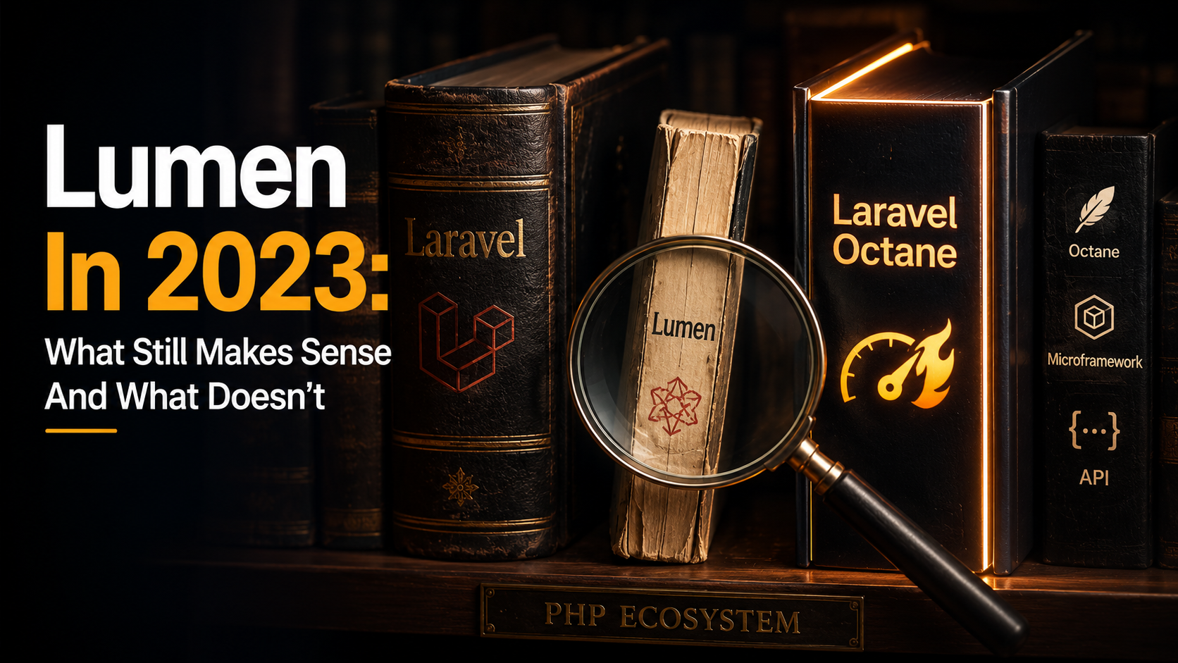 Library bookshelf metaphor: a slim worn 'Lumen' paperback between thicker 'Laravel' tomes and a glowing 'Laravel Octane' volume, with a magnifying glass hovering over the slim book