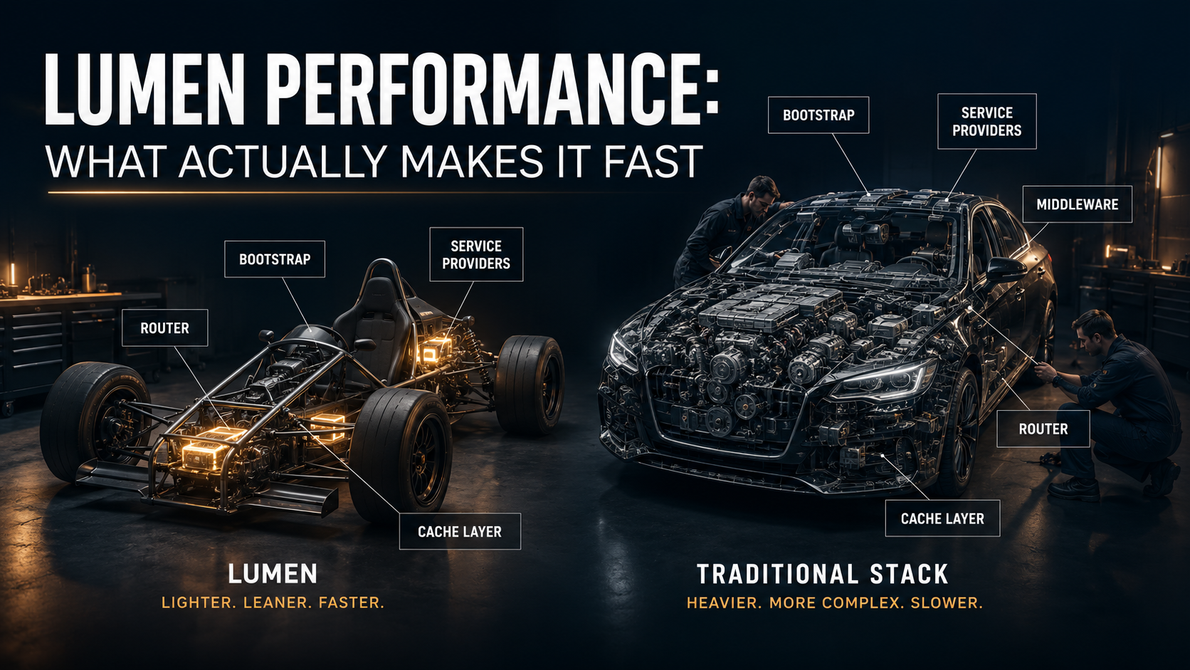 Two cars in a workshop: stripped-down Lumen racer vs full Laravel sedan, each part labeled with a framework component