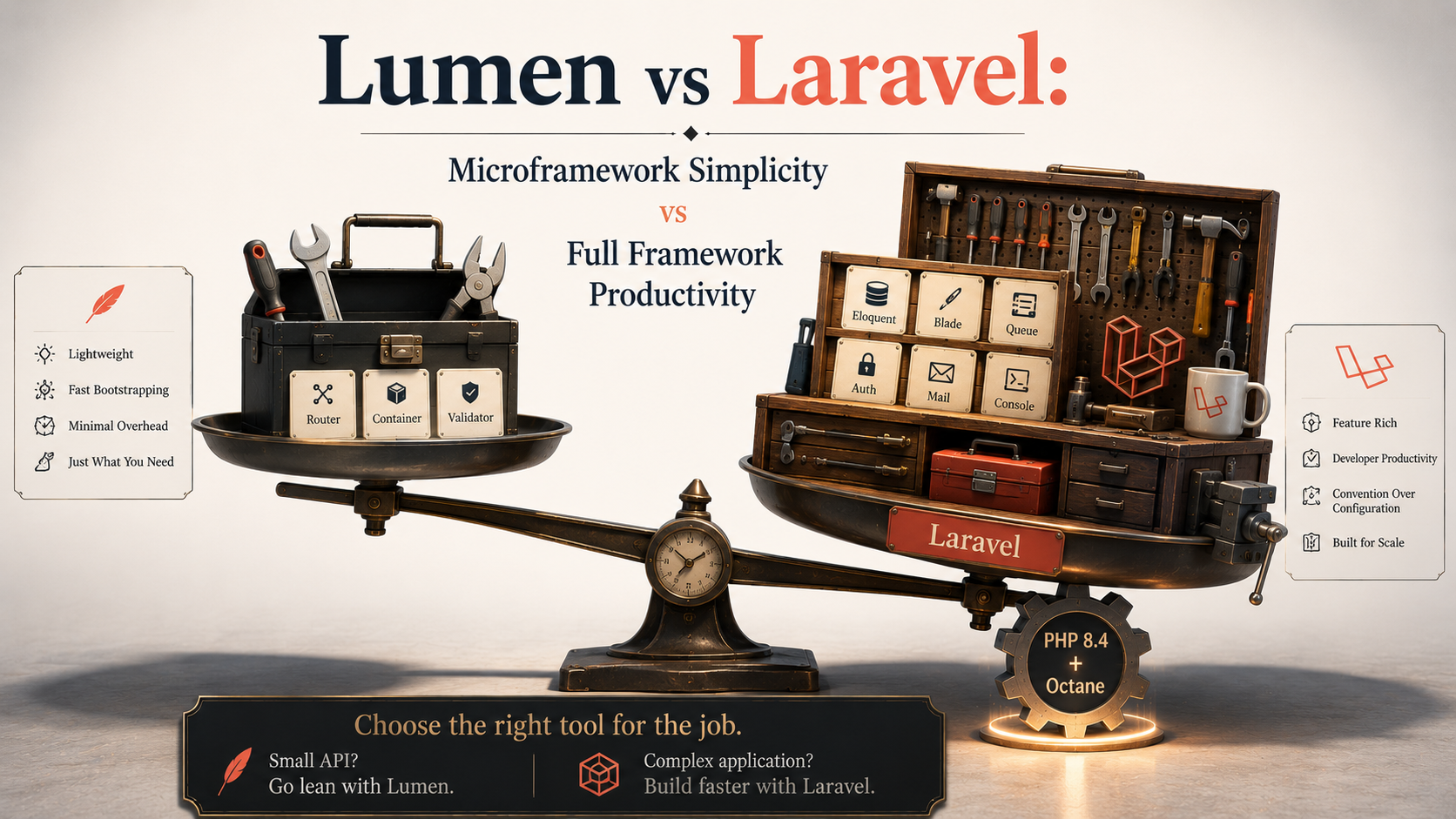 Editorial balance scale comparing Lumen (a minimal toolbox with router, container, validator) against Laravel (a full workbench with Eloquent, Blade, Queue, Auth, Mail, Console), with a PHP 8.4 + Octane gear icon lifting the Laravel side