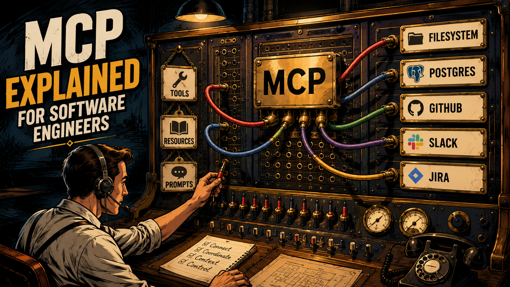 Vintage telephone switchboard with patch cables connecting a central MCP nameplate to service plates labeled Filesystem, Postgres, GitHub, Slack, and Jira, with Tools, Resources, and Prompts badges on the operator panel.
