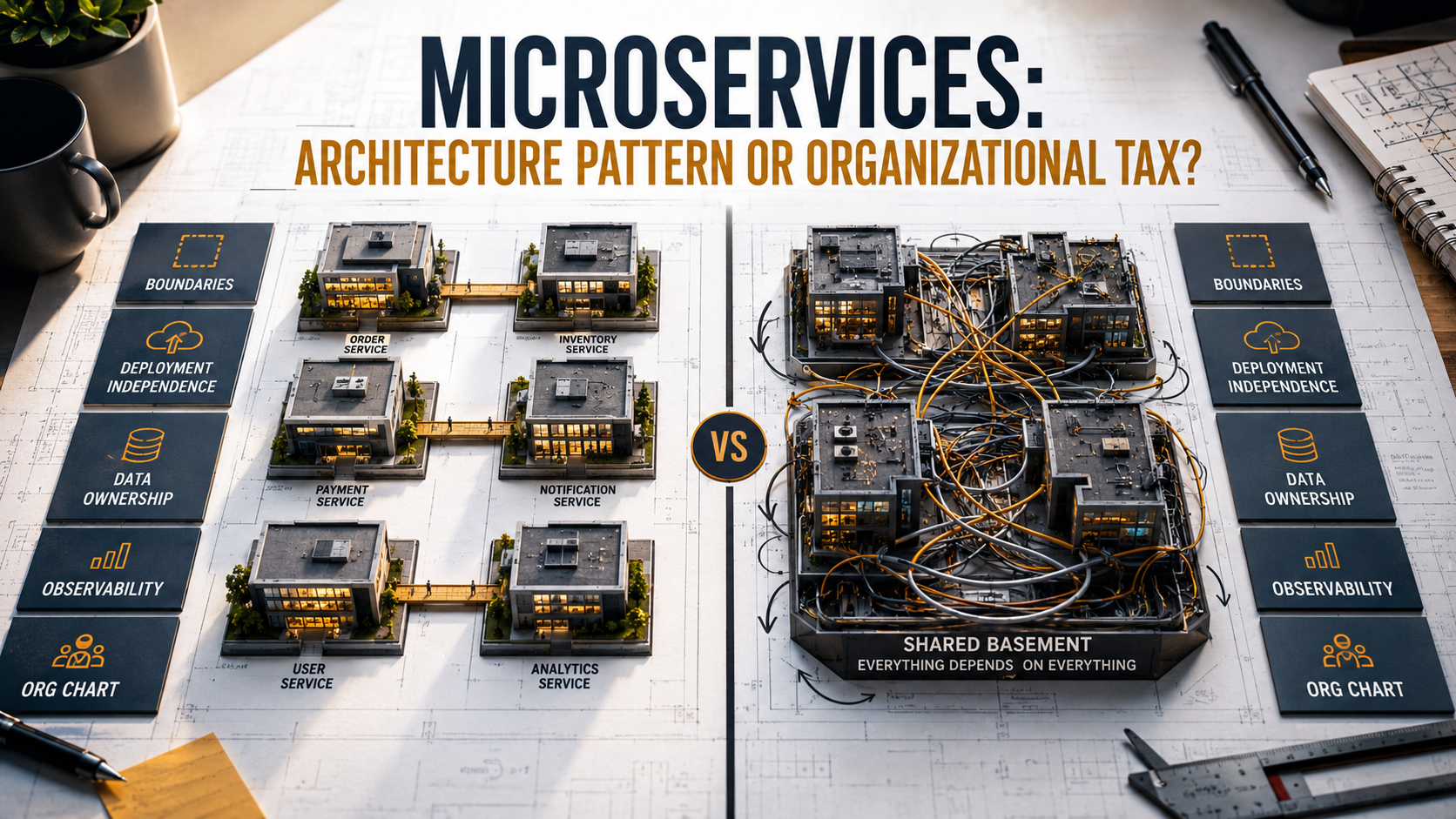 Editorial cover comparing a grid of independent service buildings connected by clean labeled bridges with a tangle of buildings sharing the same basement, labeled across Boundaries, Deployment Independence, Data Ownership, Observability, and Org Chart