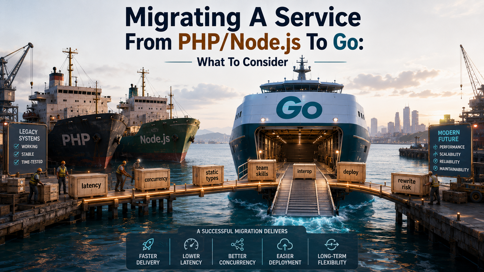 Editorial harbor scene: older PHP and Node.js cargo ships unloading crates onto a sleek Go vessel via a glowing wooden bridge, with labels for latency, concurrency, static types, team skills, interop, deploy, and rewrite risk.