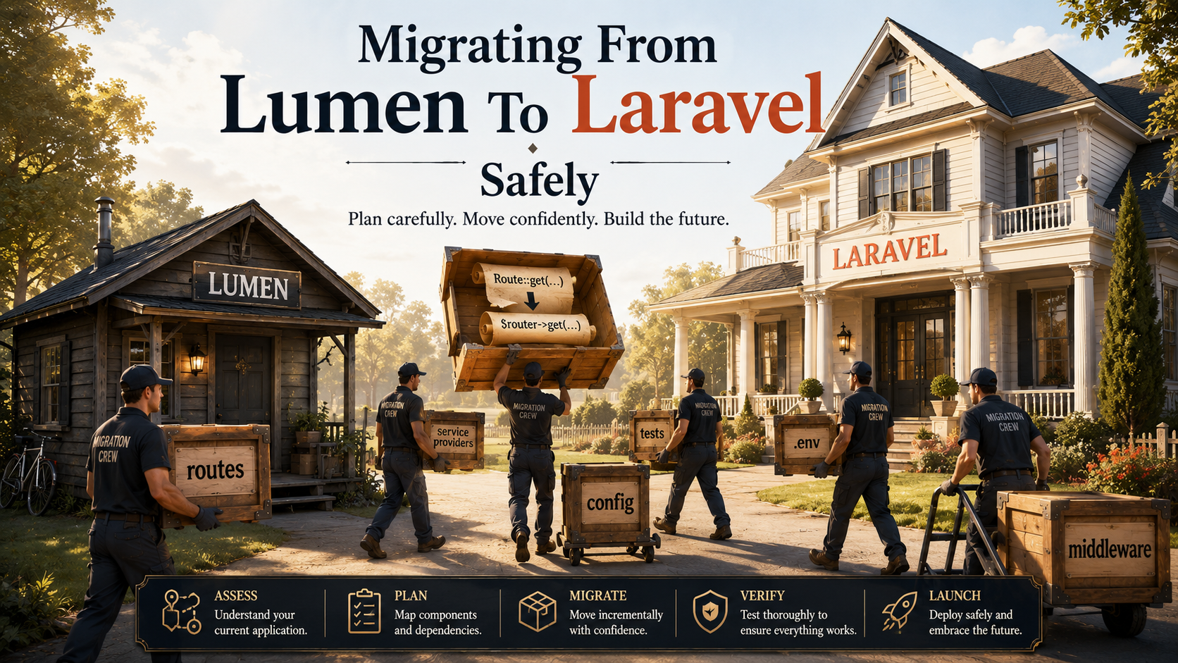 Moving crew carrying labeled wooden crates between a small Lumen cabin and a larger Laravel house, with crates labeled routes, service providers, config, tests, env, and middleware