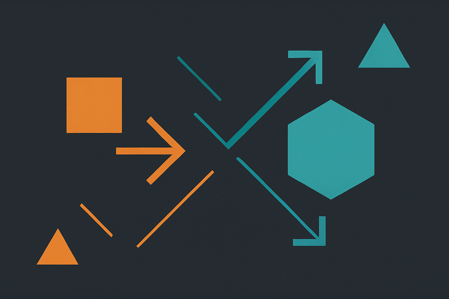 Abstract geometric illustration with dark slate background and amber and cyan shapes representing PHP framework transformation