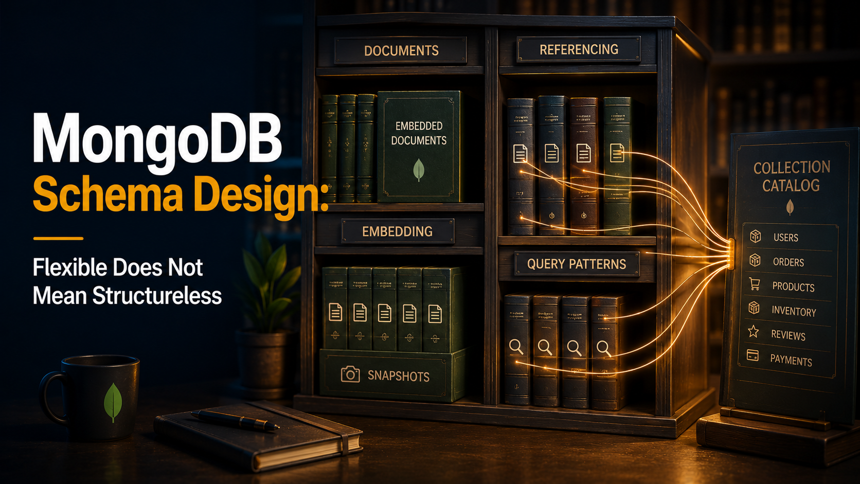 Cover illustration: a modular editorial bookshelf where some shelves hold whole boxed sets representing embedded documents, while others hold single books linked by a thin gold thread to a separate catalogue card, illustrating embedding versus referencing in MongoDB schema design.