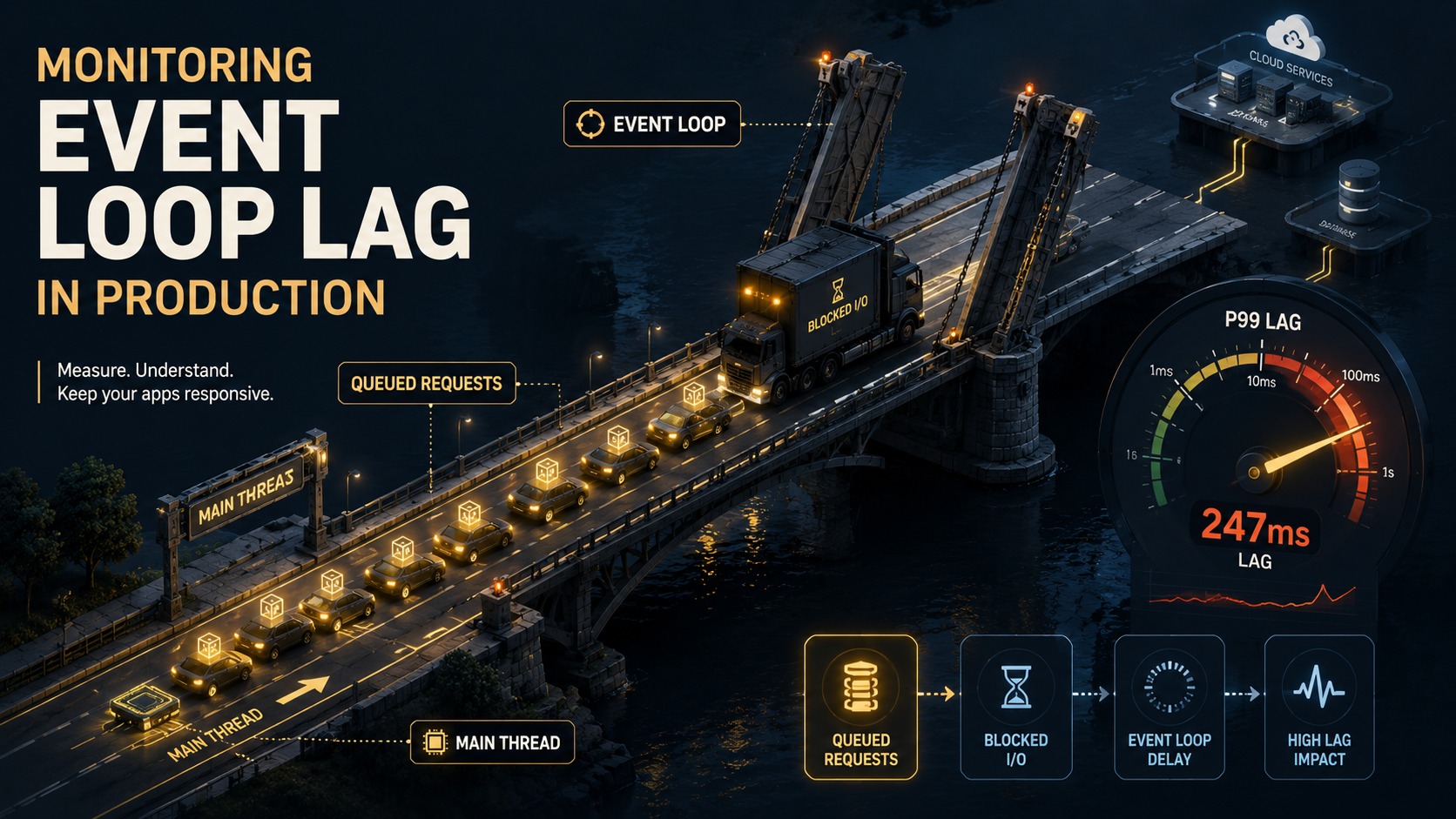 Editorial cover: a single-lane drawbridge over a river with glowing data-packet cars queued behind a slow truck, beside a lag-meter dial climbing into the red, labeled event loop, p99 lag, blocked I/O, queued requests, and main thread