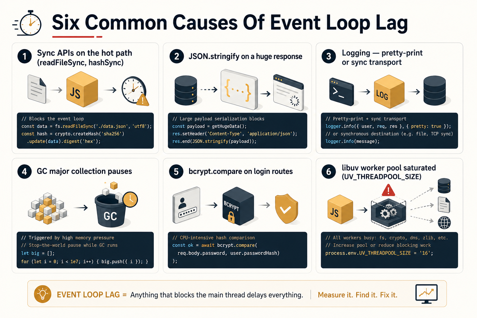 Grid of six common event loop lag causes: synchronous APIs on the hot path, JSON.stringify on a huge response, logging with a sync transport, garbage collection pauses, bcrypt.compare on login routes, and a saturated libuv worker pool