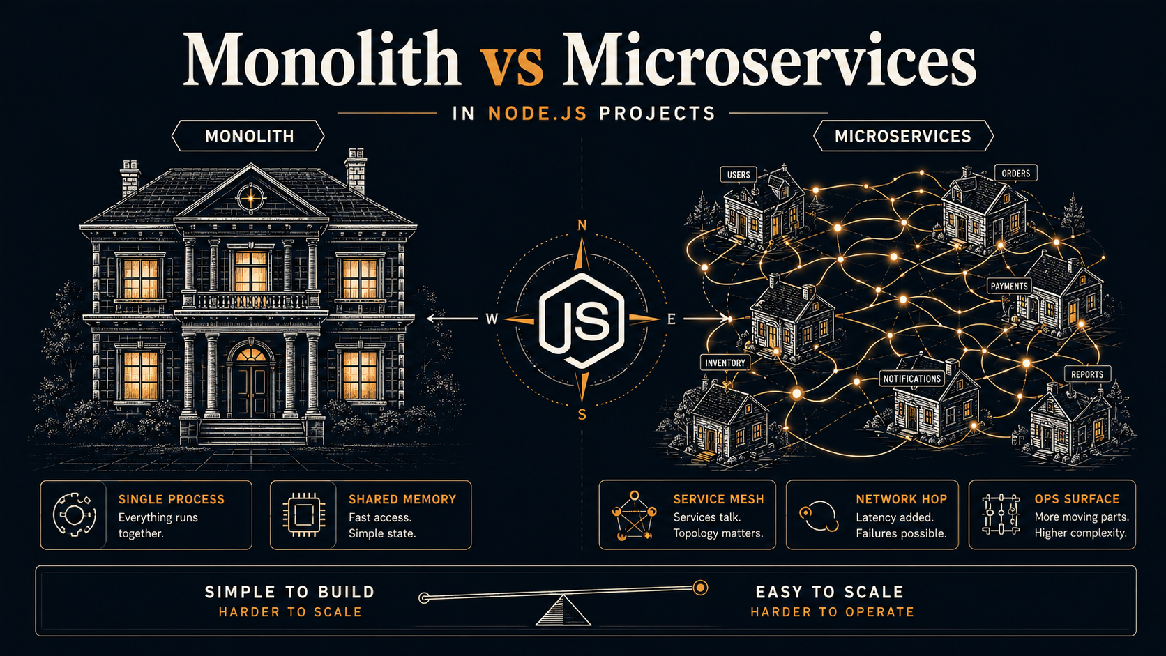 Editorial cover for the article: a single large house on the left and a small village of tiny houses on the right, connected by glowing wires growing more tangled toward the village; the Node.js hexagon sits between them like a compass.