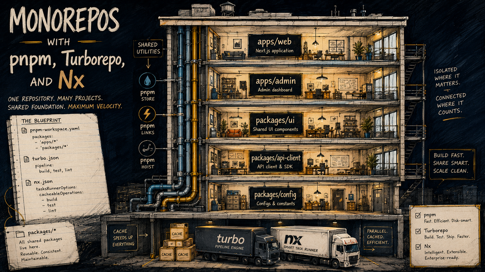 Cross-section of an apartment building where each floor is a labeled monorepo package or app, with pnpm pipes and Turborepo and Nx delivery trucks alongside.