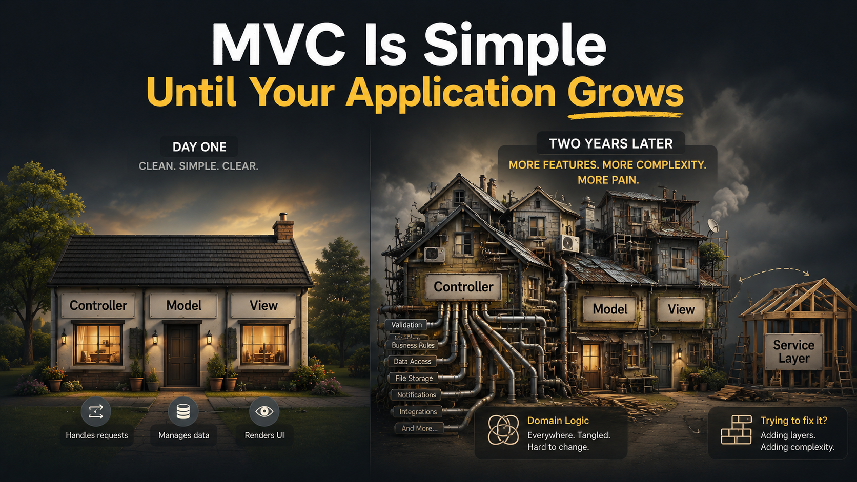 Side-by-side editorial illustration: a tidy three-room cottage labelled Controller, Model, View on the left, and the same cottage two years later sagging under extra rooms and pipes on the right, with a thin new outbuilding labelled Service Layer being built off to the side.