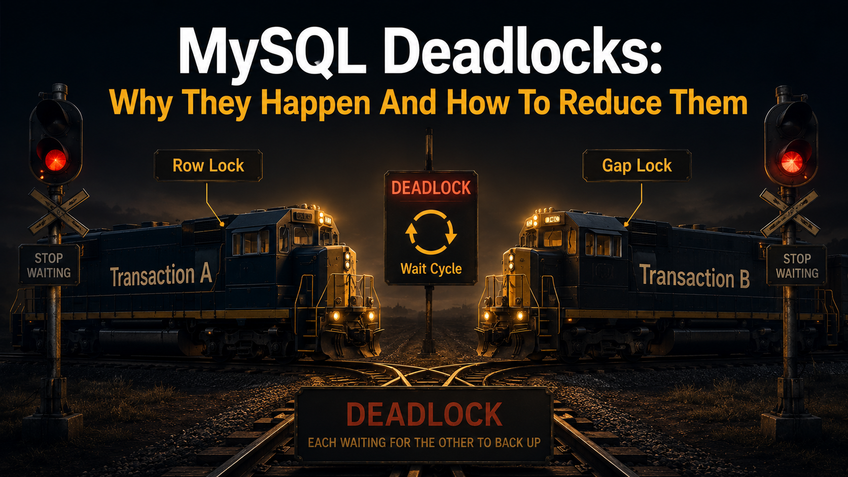 Cinematic cover: two locomotives marked Transaction A and Transaction B stopped face-to-face on a single-track section, signal lights between them, with Row Lock and Gap Lock tags labelling the wait cycle.