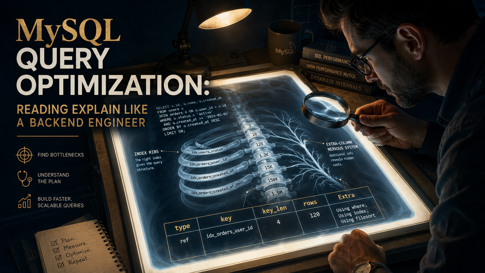 Dark navy X-ray light table editorial: a SQL query laid out like a patient X-ray, backlit and glowing, with a backend engineer leaning in with a magnifier over labeled columns: type, key, key_len, rows, Extra.
