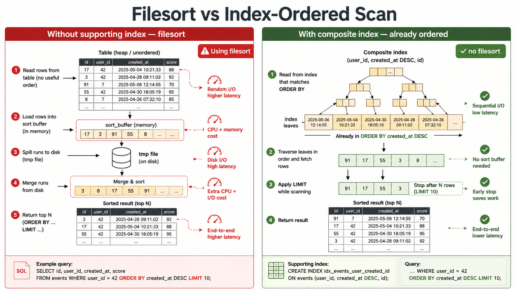 Two-panel comparison diagram: left panel shows unordered rows being read into a sort buffer, possibly spilling to a tmp file on disk (Using filesort); right panel shows the same query reading from an index whose leaves are already in ORDER BY order, flowing directly to the result with no sort buffer.