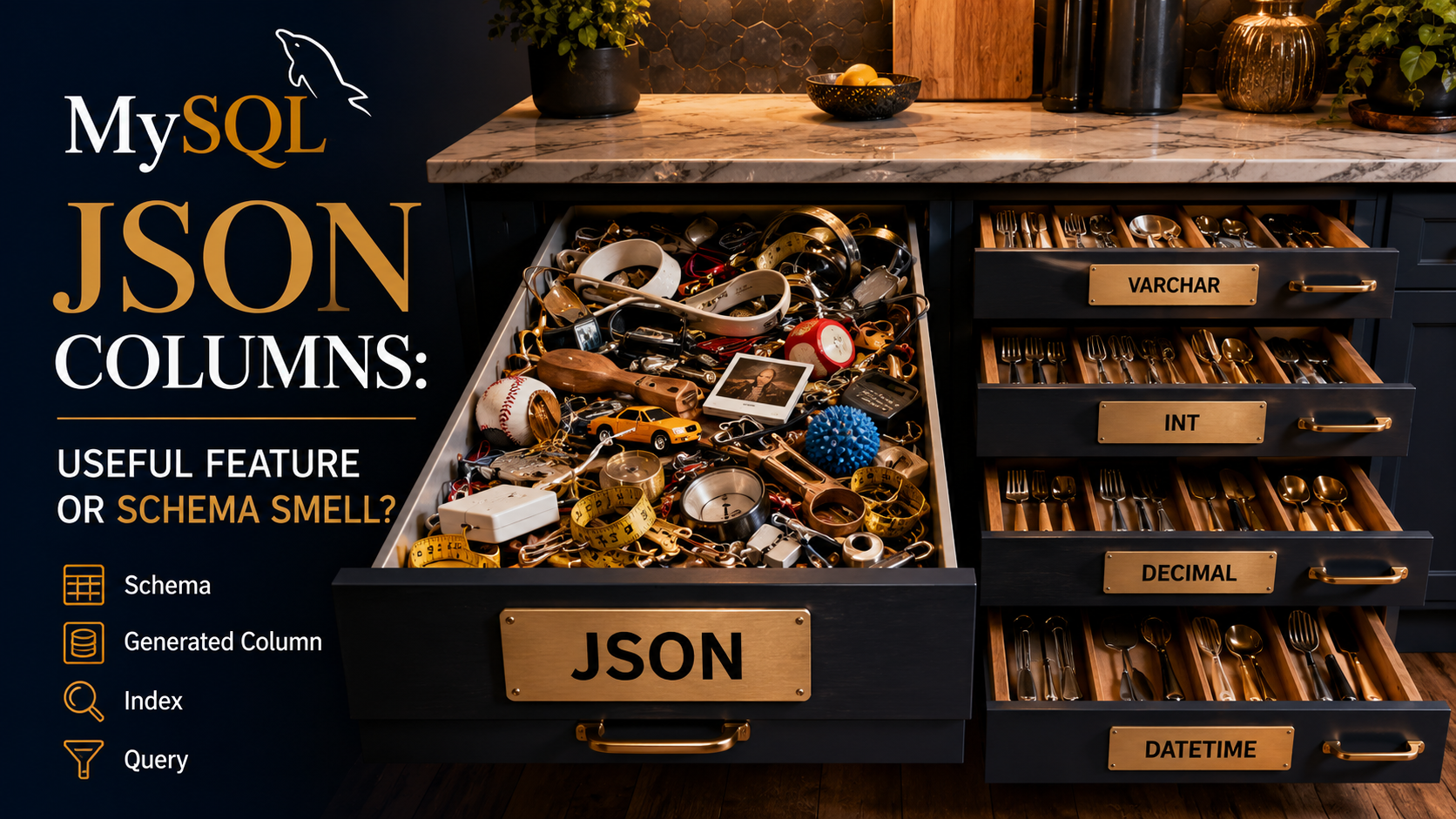 Kitchen junk drawer labeled JSON spilling open beside immaculately organized drawers labeled VARCHAR, INT, DECIMAL, DATETIME -- an editorial metaphor for MySQL schema design choices