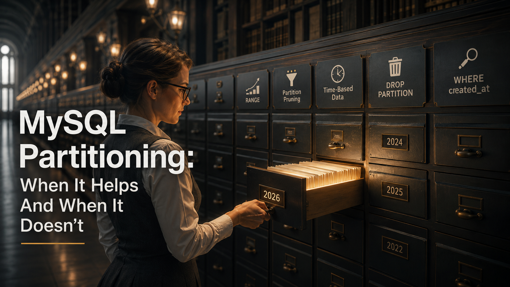 Library hallway partitioned by year: a librarian pulls the 2023 drawer while others stay shut, with editorial labels for RANGE, Partition Pruning, DROP PARTITION, and WHERE created_at