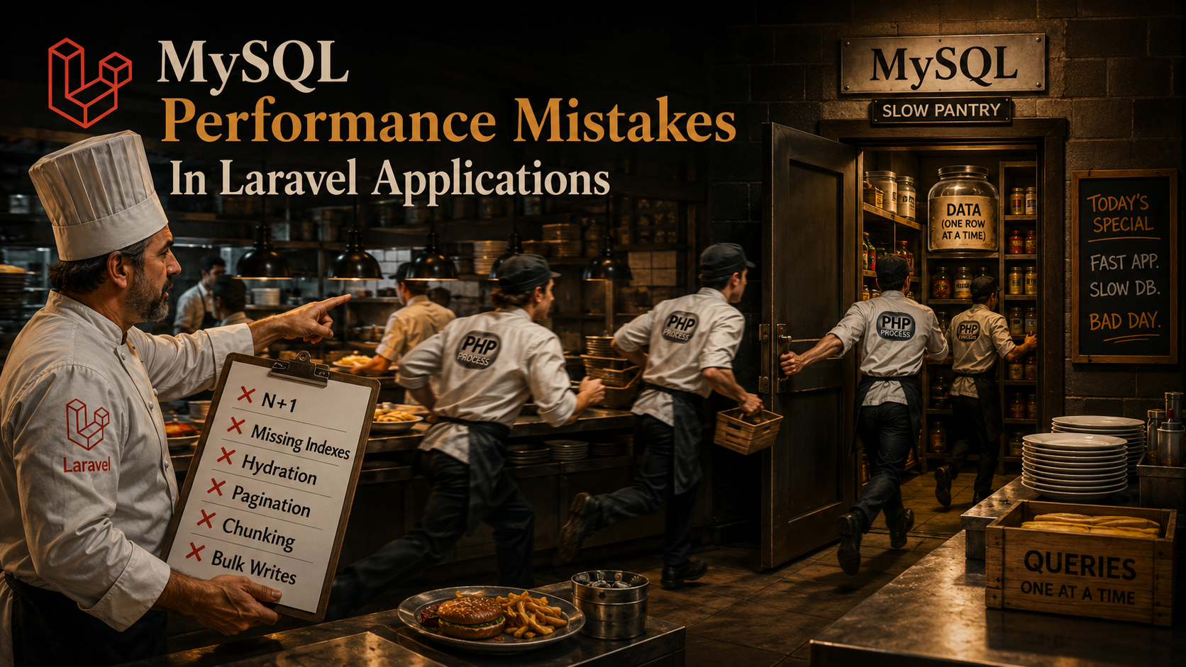 Editorial blog cover comparing a fast Laravel kitchen with a slow MySQL pantry, with line cooks running back to a single pantry one ingredient at a time while a chef points at a clipboard listing N+1, Missing Indexes, Hydration, Pagination, Chunking, and Bulk Writes.