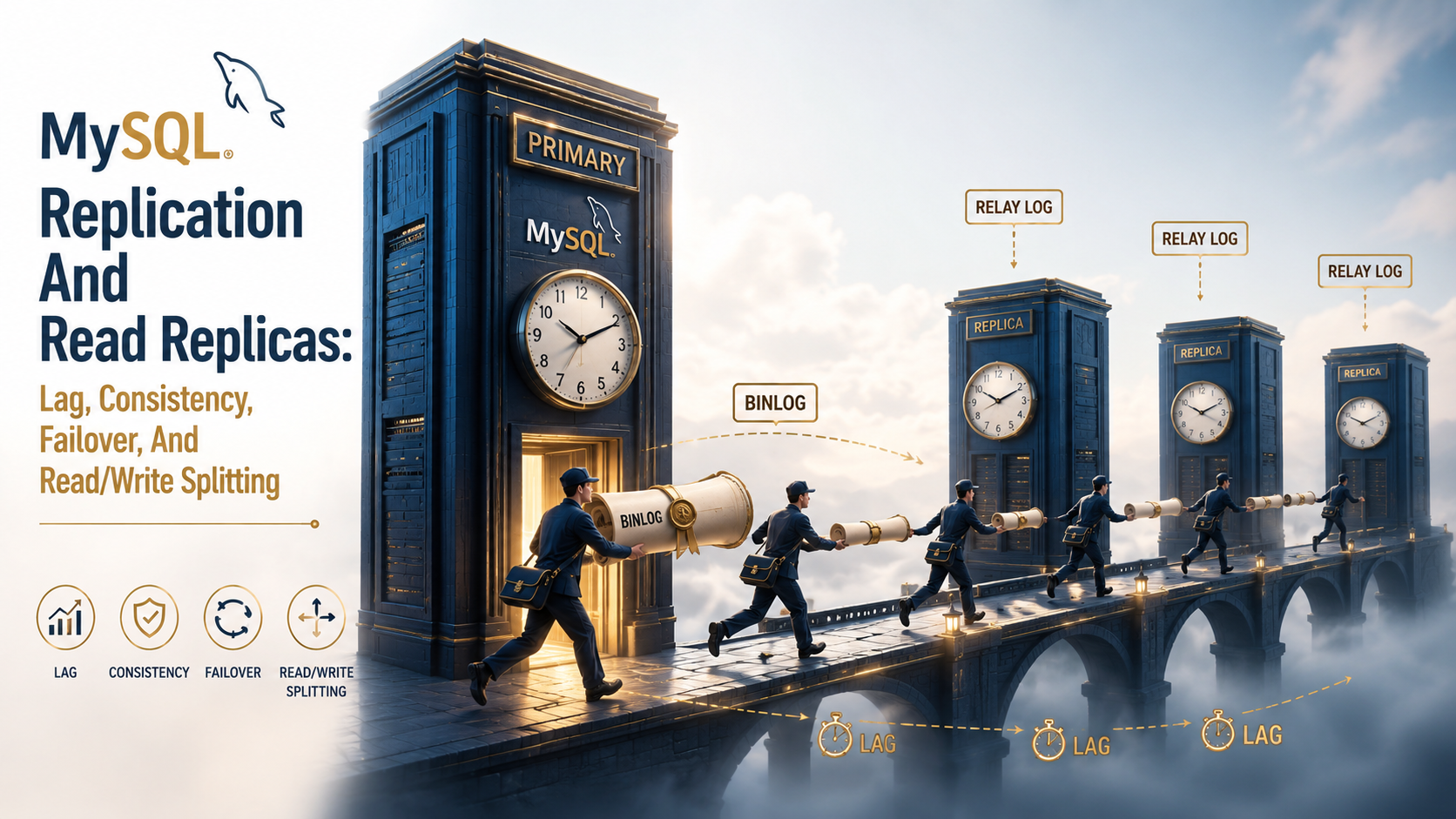 A relay-courier scene showing a central PRIMARY server handing a binlog scroll across a misty bridge to three REPLICA towers, each with a wall clock showing increasing lag