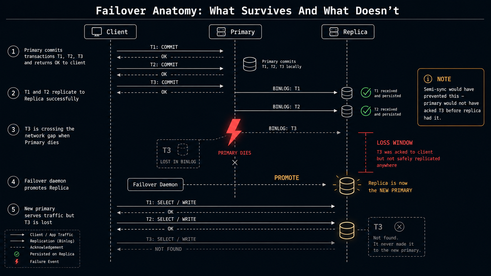 Sequence diagram showing failover anatomy: transactions T1 and T2 replicate successfully, but T3 is lost when the primary dies mid-replication before the replica received it