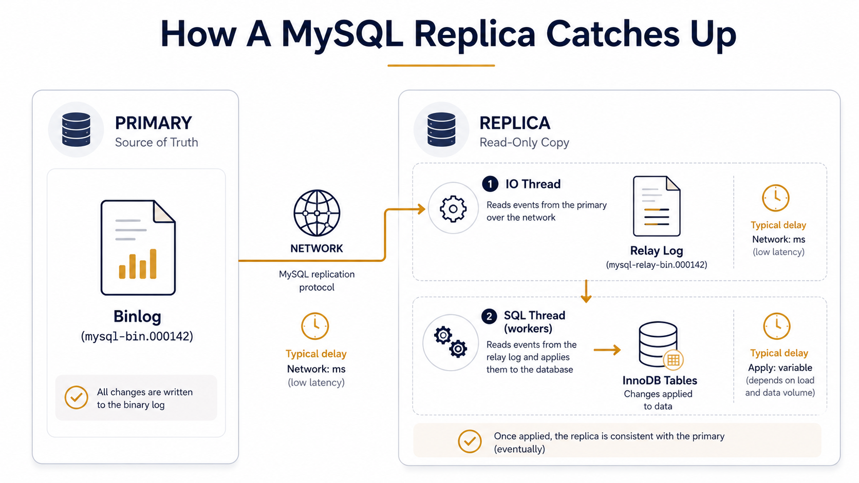 Architecture diagram showing how a MySQL replica catches up: PRIMARY binlog → network → IO Thread → Relay Log → SQL Thread workers → InnoDB tables