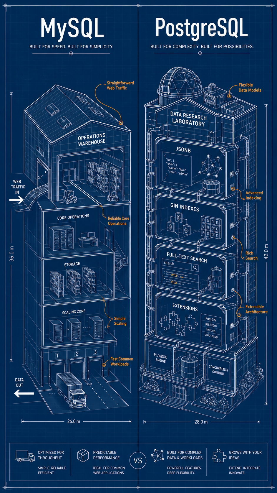 Illustration comparing MySQL and PostgreSQL as two mature relational databases with different strengths for backend engineers.