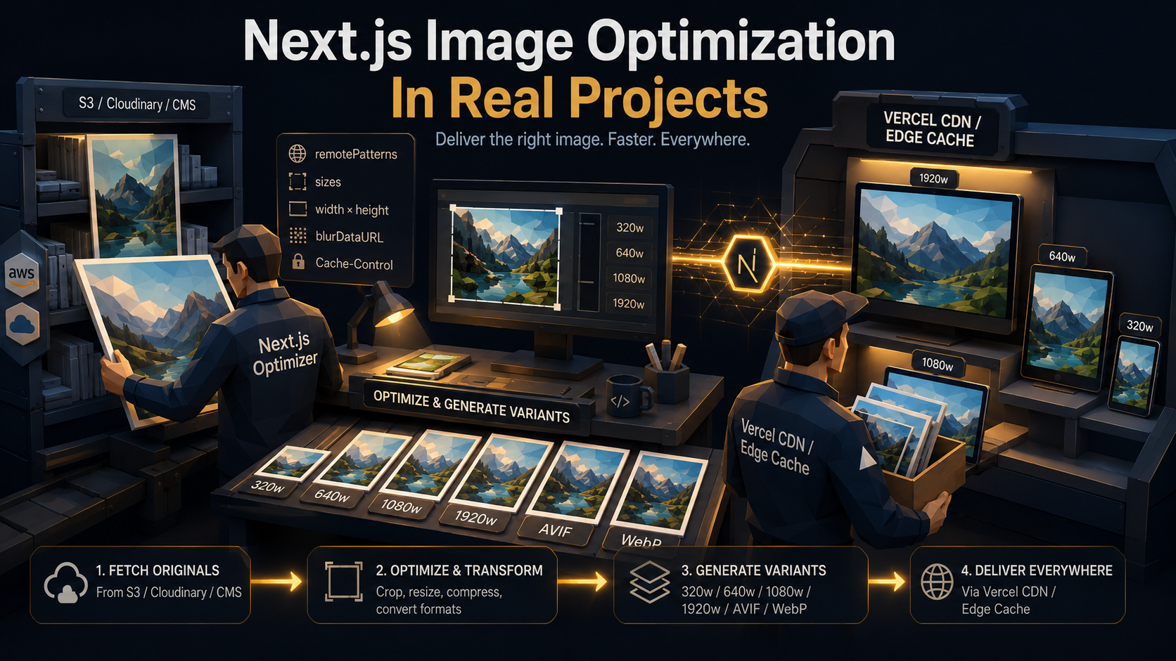 Editorial illustration of a busy photo lab where a Next.js Optimizer technician takes huge originals from a remote S3/Cloudinary/CMS shelf, resizes them on a workbench into a fanned-out stack of 320w/640w/1080w/1920w AVIF and WebP variants, and hands them to a Vercel CDN courier slotting them into phone, tablet, and desktop screens.