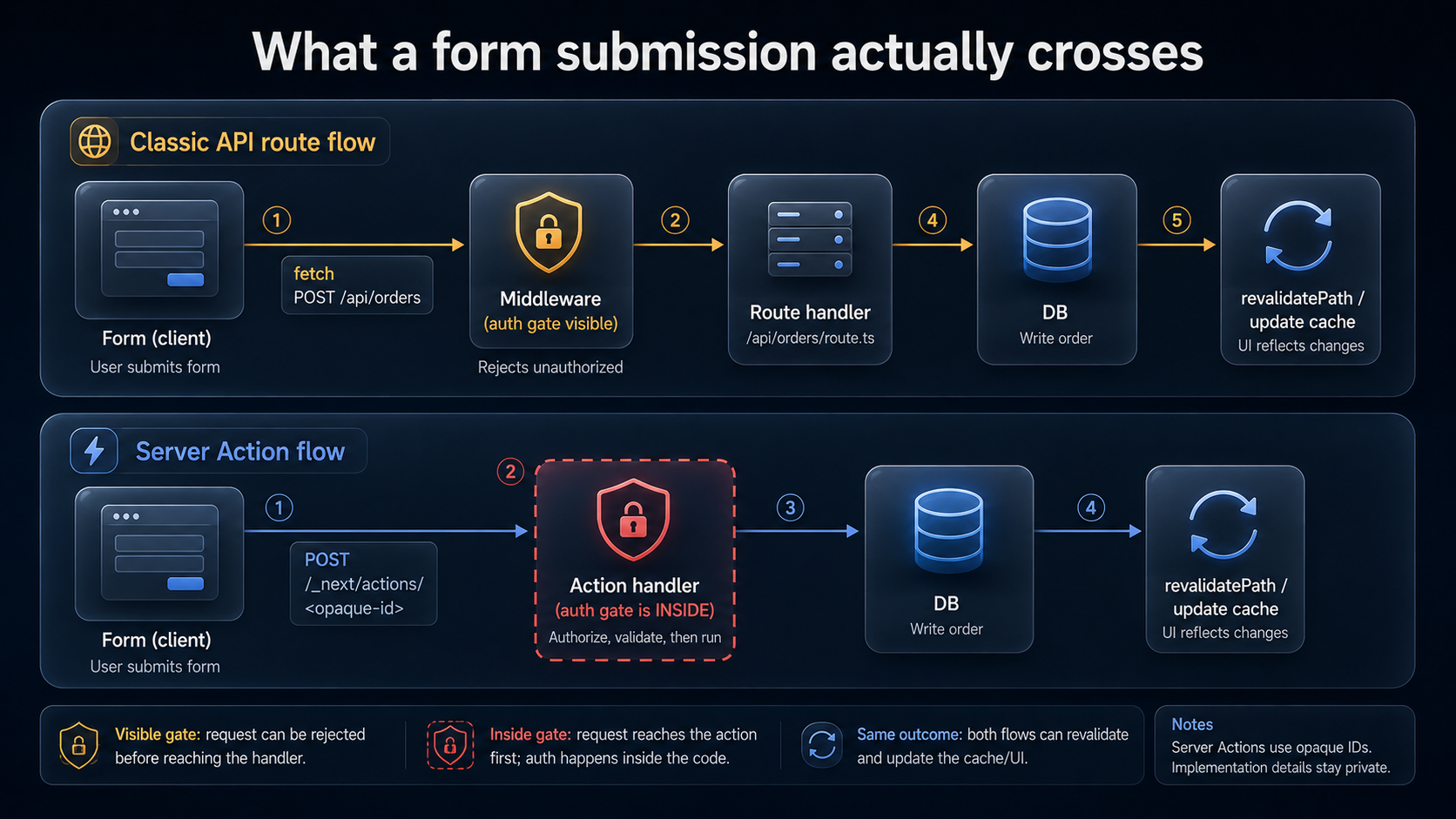 Comparison diagram of two request flows: classic API route flow with visible middleware auth gate before the route handler, and Server Action flow with the auth gate inside the action handler, both ending at the database with shared revalidatePath cache step