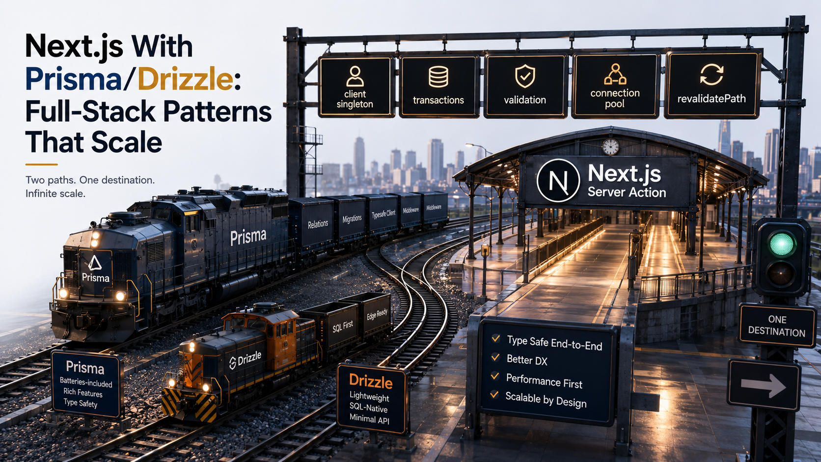 Editorial railway switchyard cover for Next.js with Prisma or Drizzle, with two parallel inbound tracks labeled Prisma and Drizzle merging into a single station platform labeled Next.js Server Action, overhead signage listing client singleton, transactions, validation, connection pool and revalidatePath.
