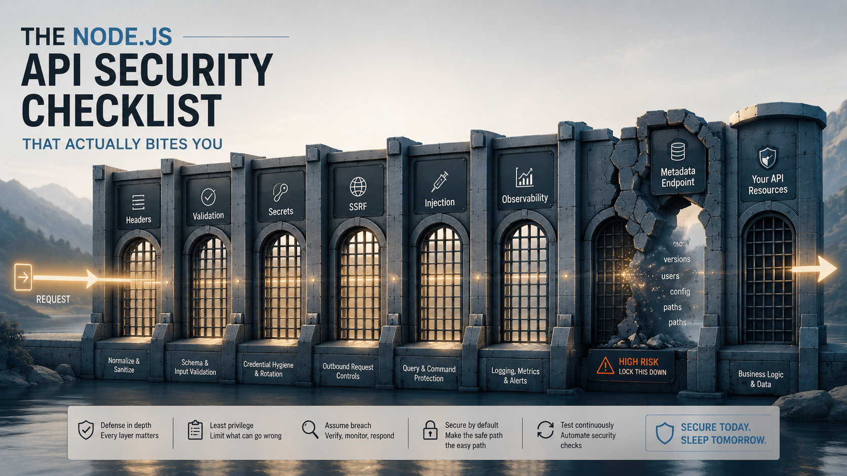 A fortified API gateway with layered defensive gates labeled Headers, Validation, Secrets, SSRF, Injection, and Observability, one gate cracked open and leaking light.
