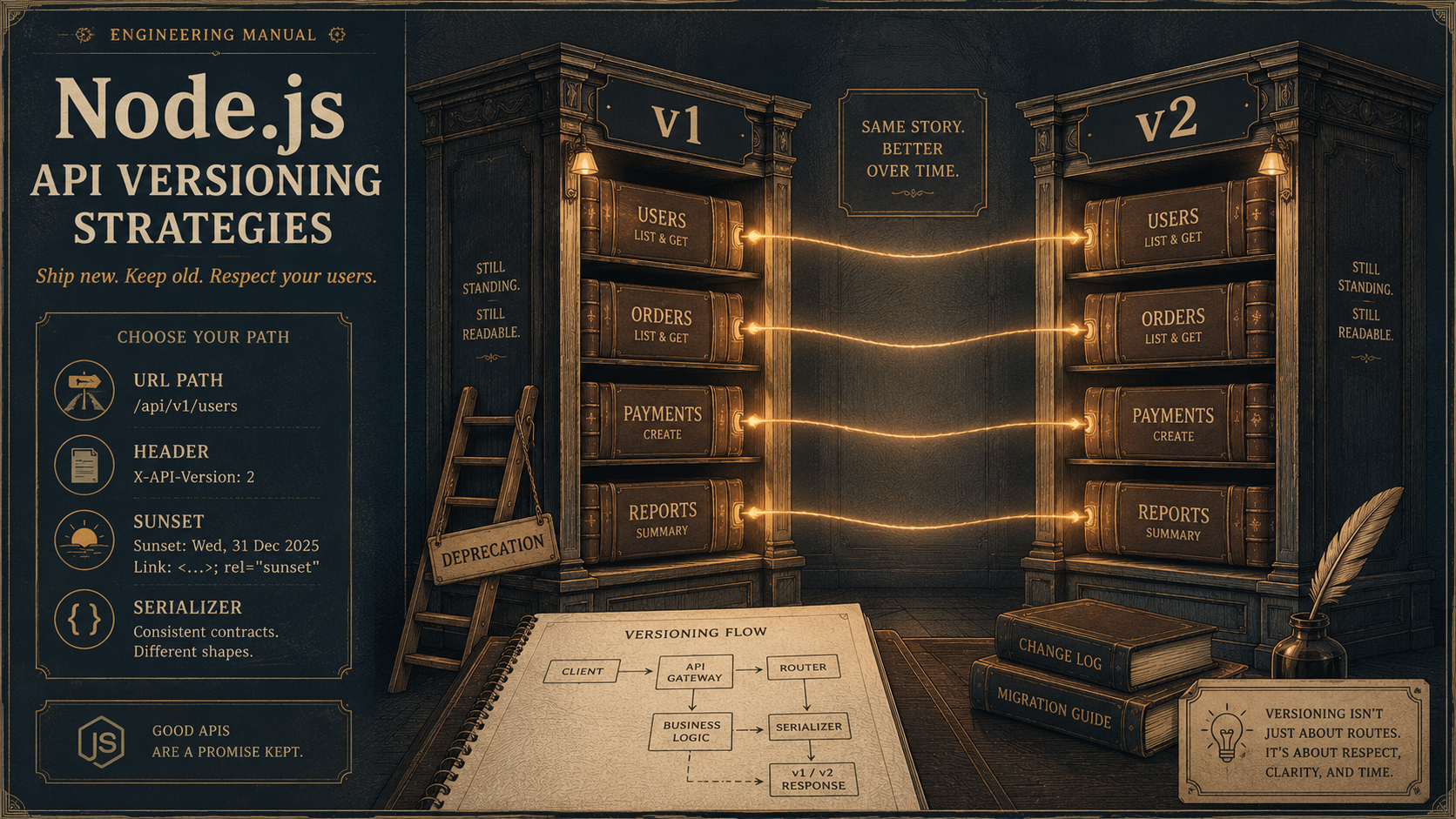 Editorial illustration of two parallel bookshelves labeled v1 and v2, both still readable, with a single glowing thread linking matching books and a small ladder labeled deprecation leaning against v1.