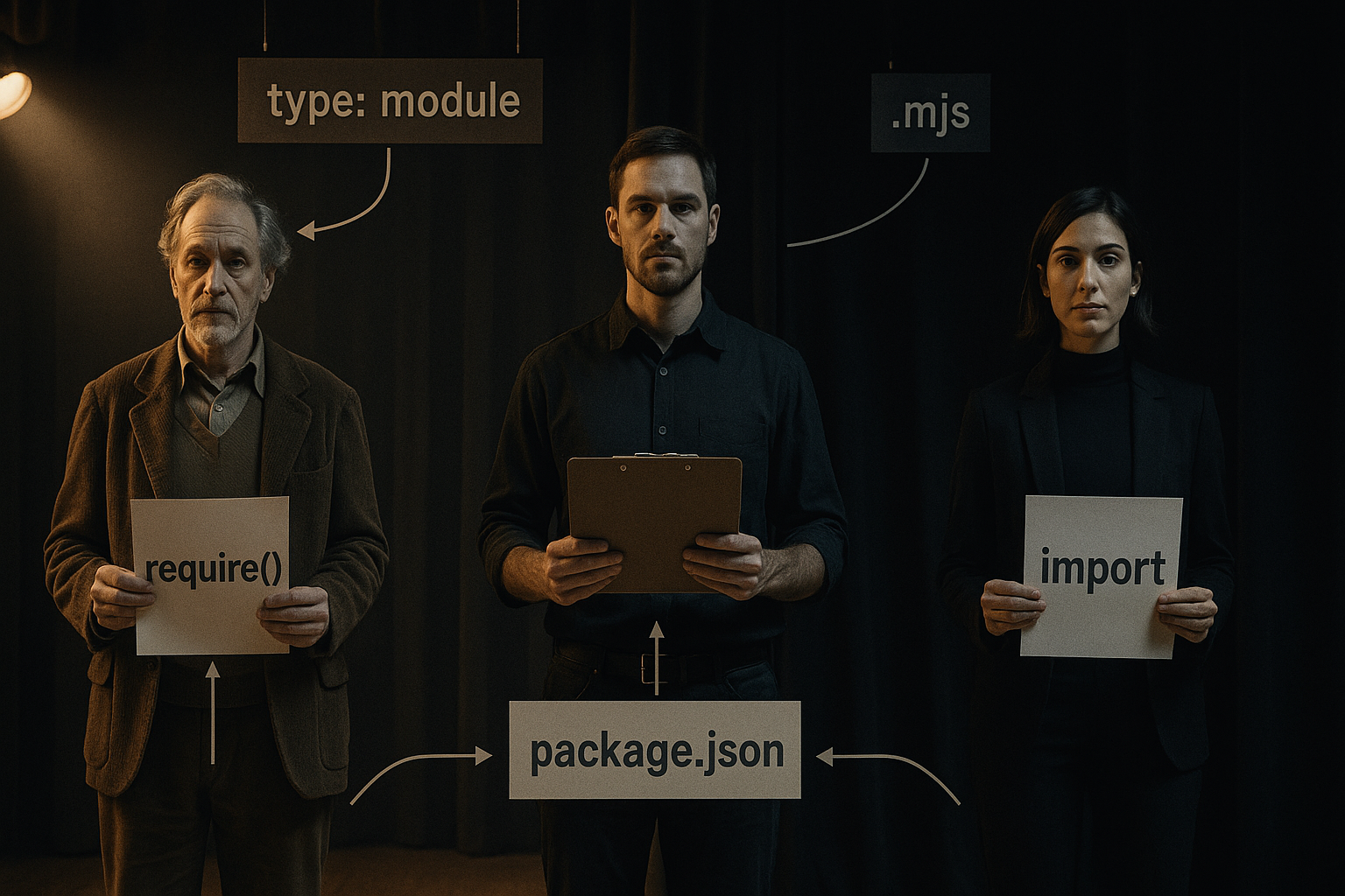 Split-stage theatre scene with two actors holding pages labeled require() and import on opposite sides of a curtain, and a stage manager in the middle holding a package.json clipboard.
