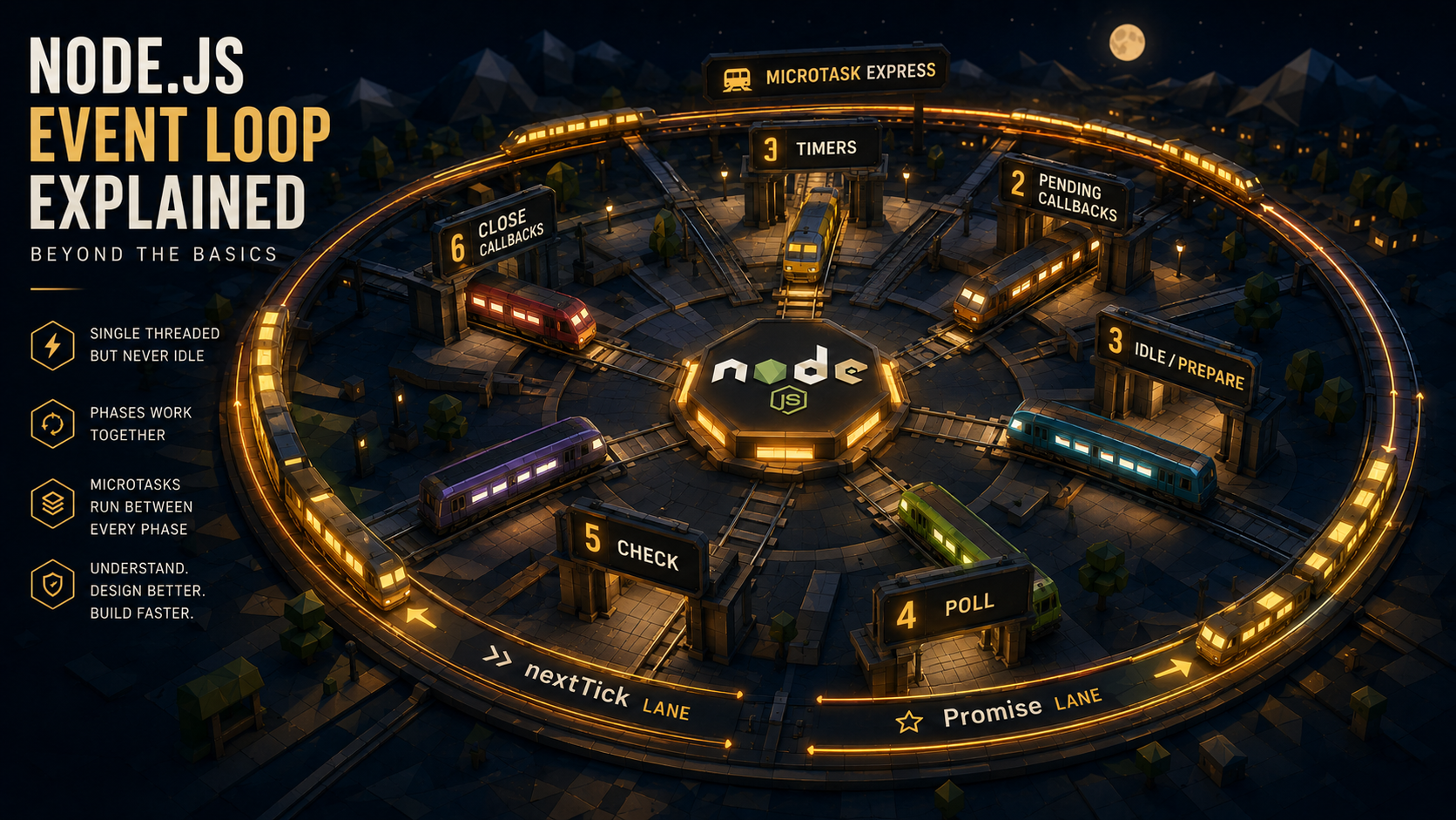 Circular night train station with six labeled platforms (Timers, Pending Callbacks, Idle/Prepare, Poll, Check, Close) and a Microtask express track looping between them, illustrating the Node.js event loop phases.