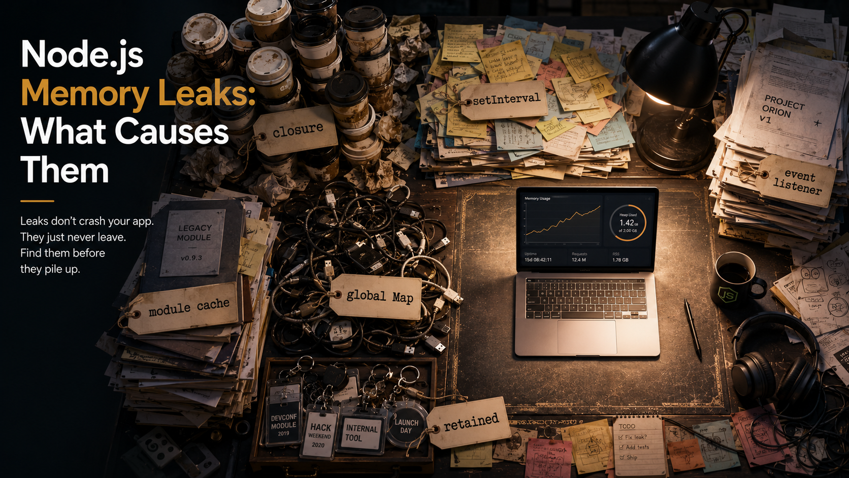 Overhead editorial shot of a workstation desk buried under an archaeological pile of objects (stacked coffee cups, layered sticky notes, knotted USB cables, badges), each tagged with a Node memory primitive: closure, setInterval, event listener, module cache, global Map, retained. One small clean square is left for the current laptop.