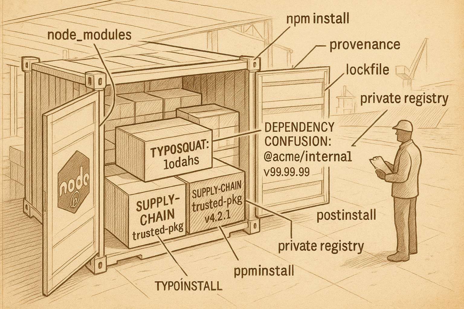 Sepia patent-drawing schematic of an open Node.js cargo container on a shipping dock. Most boxes inside are clean; three are highlighted as a typosquat, a dependency-confusion artefact, and a compromised legitimate package. Exploded leader-line labels point to node_modules, npm install, postinstall, provenance, lockfile, and private registry.