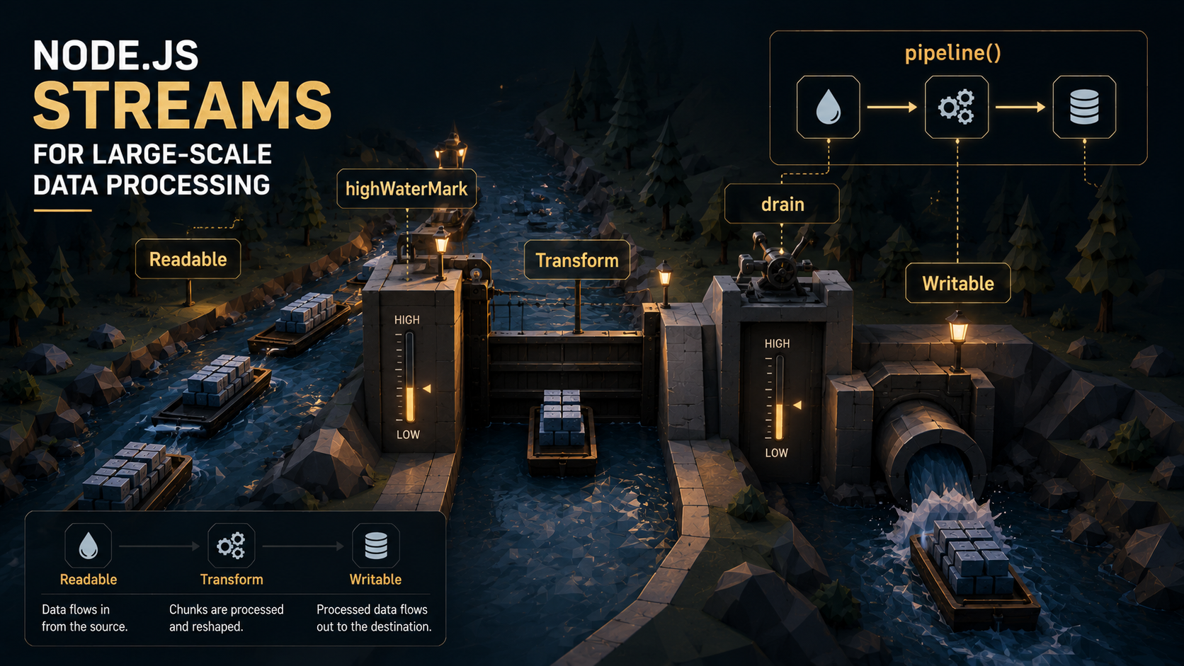 A canal water-lock system as a metaphor for Node.js streams: a slow upstream river feeds a narrow gated channel while a downstream pump works the gate to hold a steady water level, with barges of data riding the current, labeled Readable, Transform, Writable, highWaterMark, drain, and pipeline().