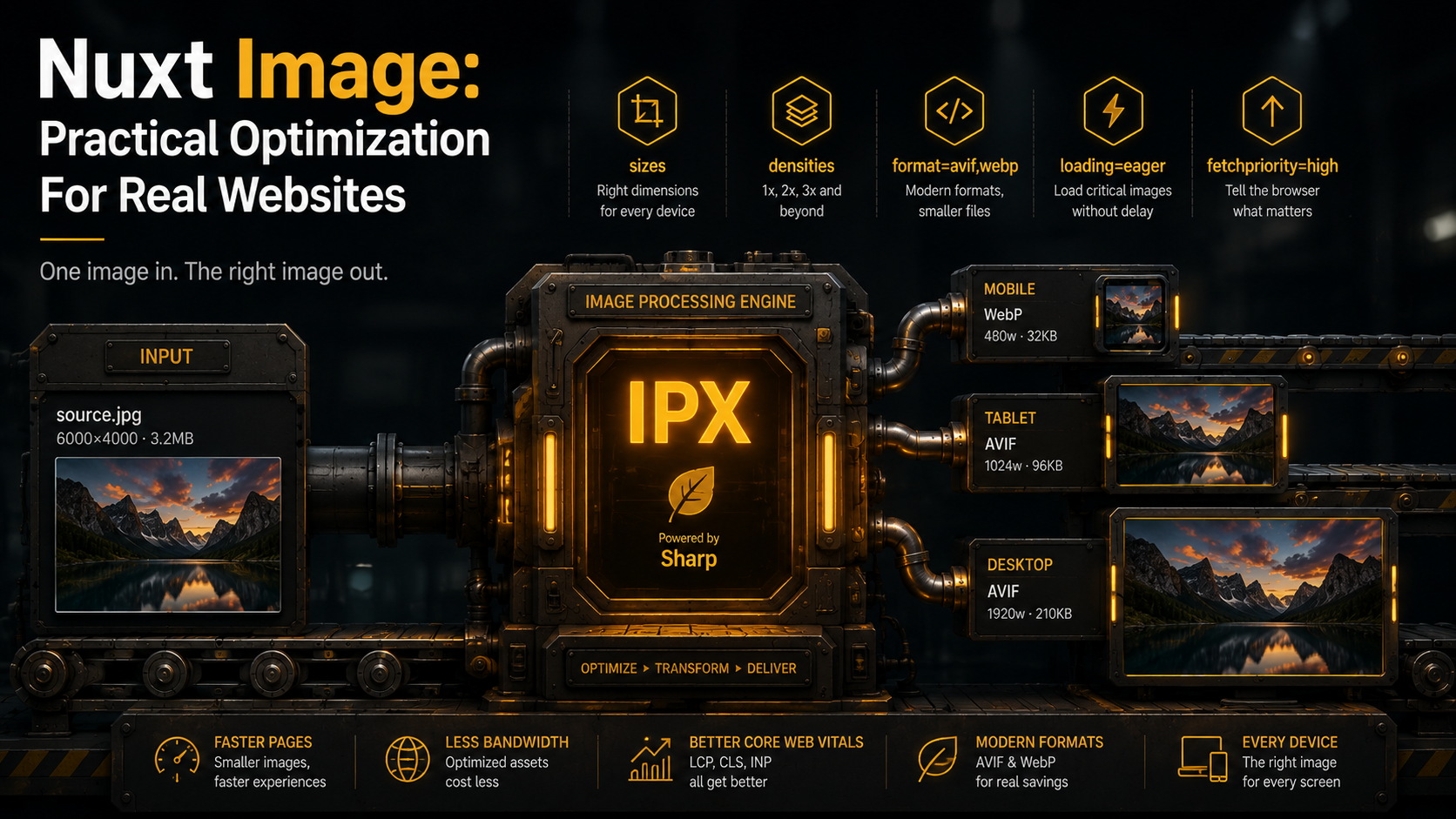 Editorial illustration of one source photo flowing through an IPX core into a small mobile WebP, a tablet AVIF, and a large desktop AVIF, with sizes, densities, and format labels above the pipeline.