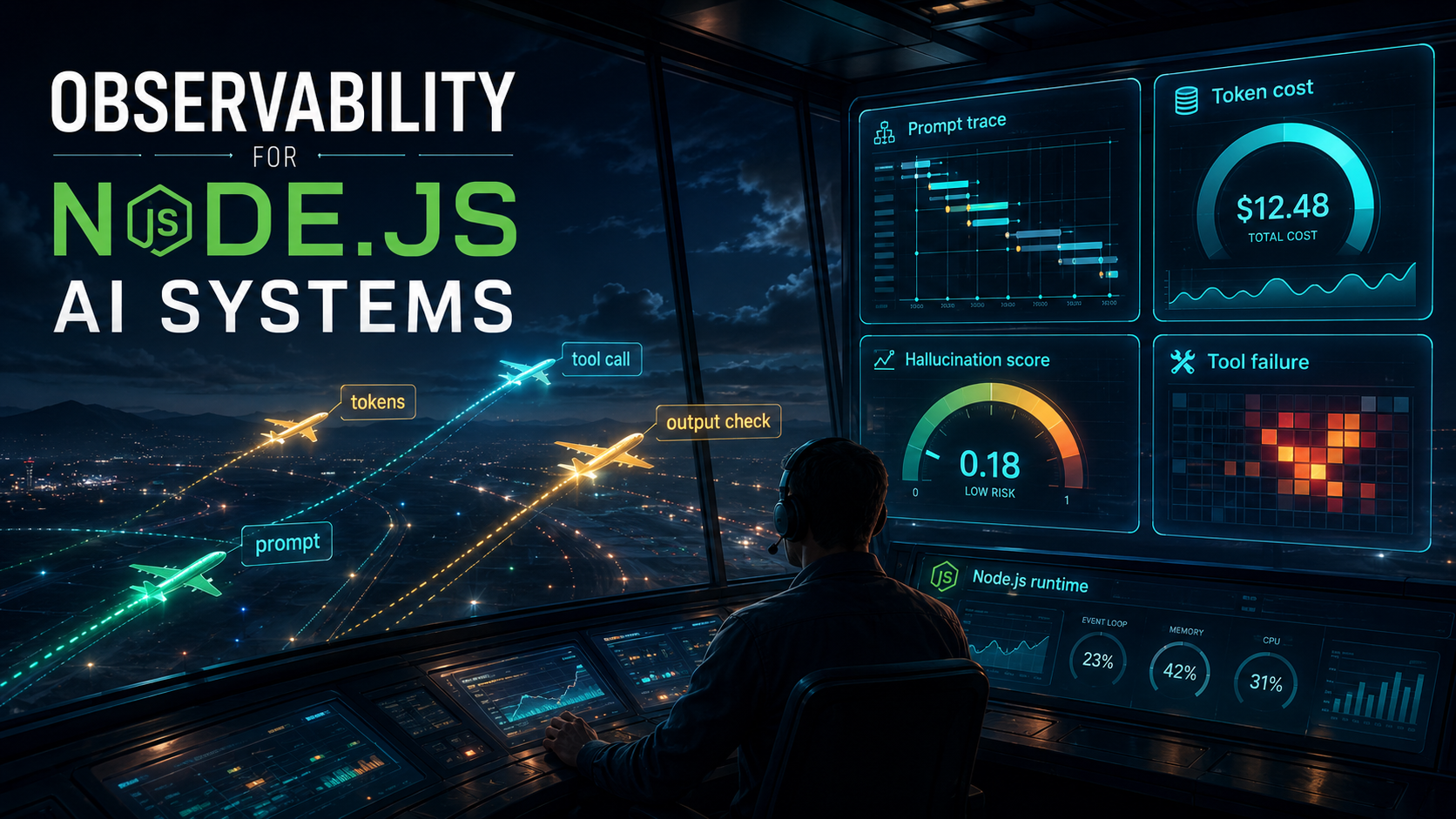 Air-traffic-control tower watching Node.js AI requests as glowing planes labeled prompt, tokens, tool call, and output check, with a wall of dashboards showing trace waterfall, cost meter, quality score, and tool-failure heatmap.