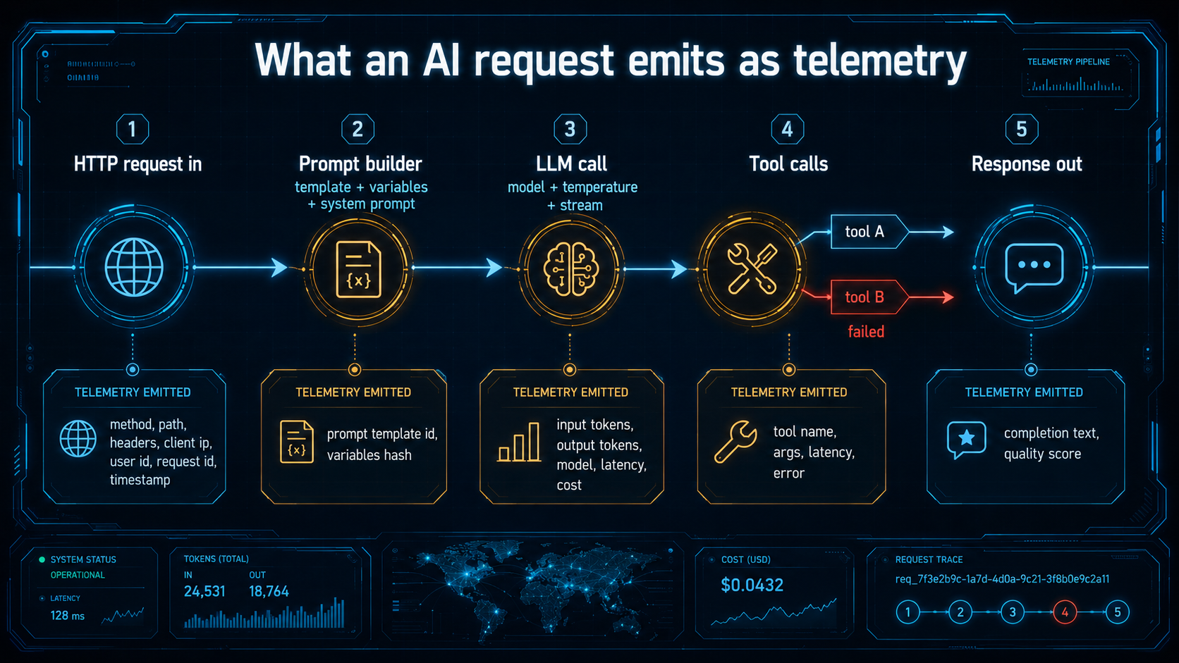 Architecture diagram titled "What an AI request emits as telemetry": a left-to-right timeline of five stages, HTTP request in, prompt builder, LLM call, tool calls (one marked red as failed), response out, with the telemetry each stage produces listed below.
