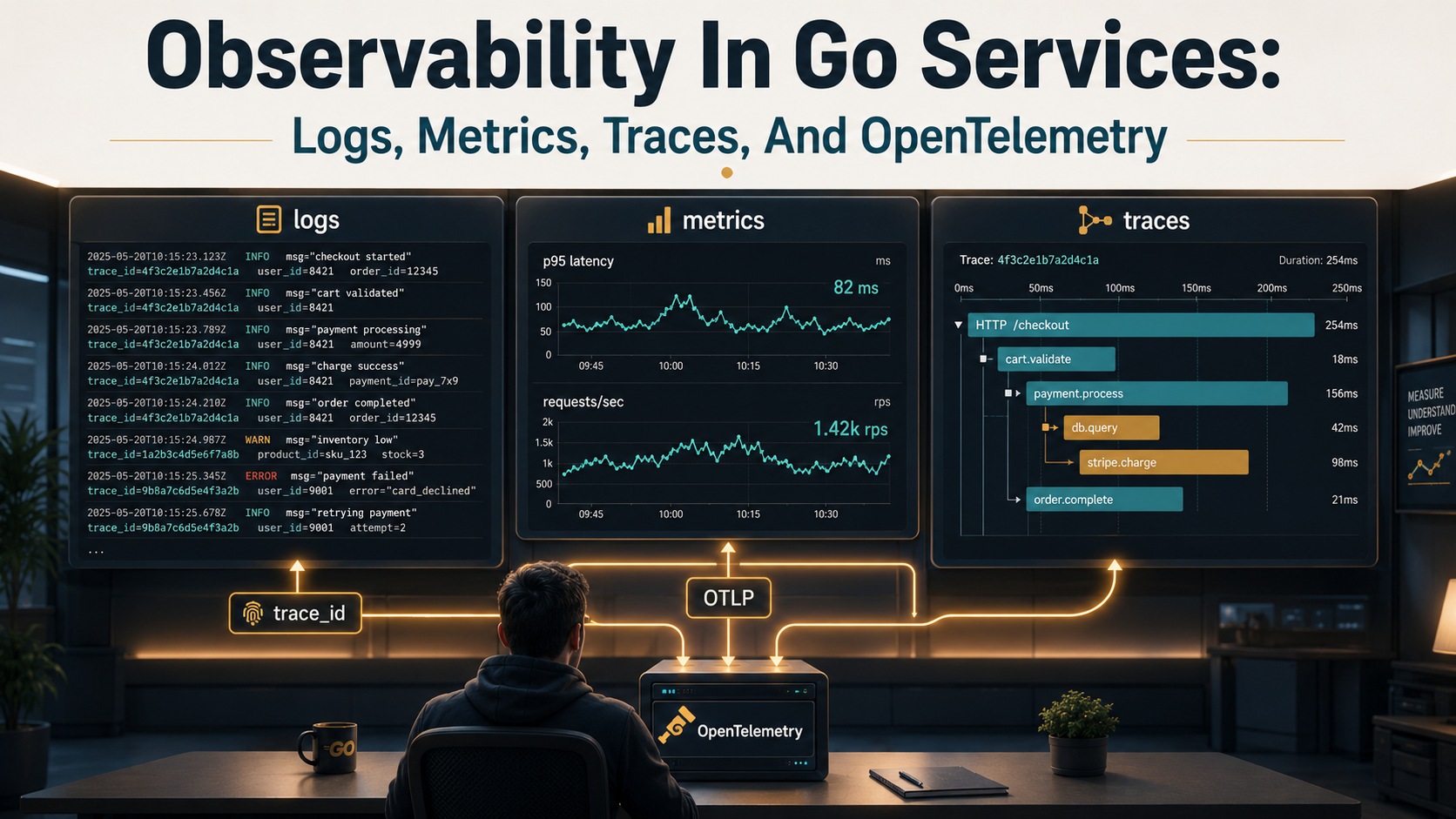Control-room cover with three panels showing scrolling logs, latency charts, and a span waterfall, fed by an OpenTelemetry pipeline.