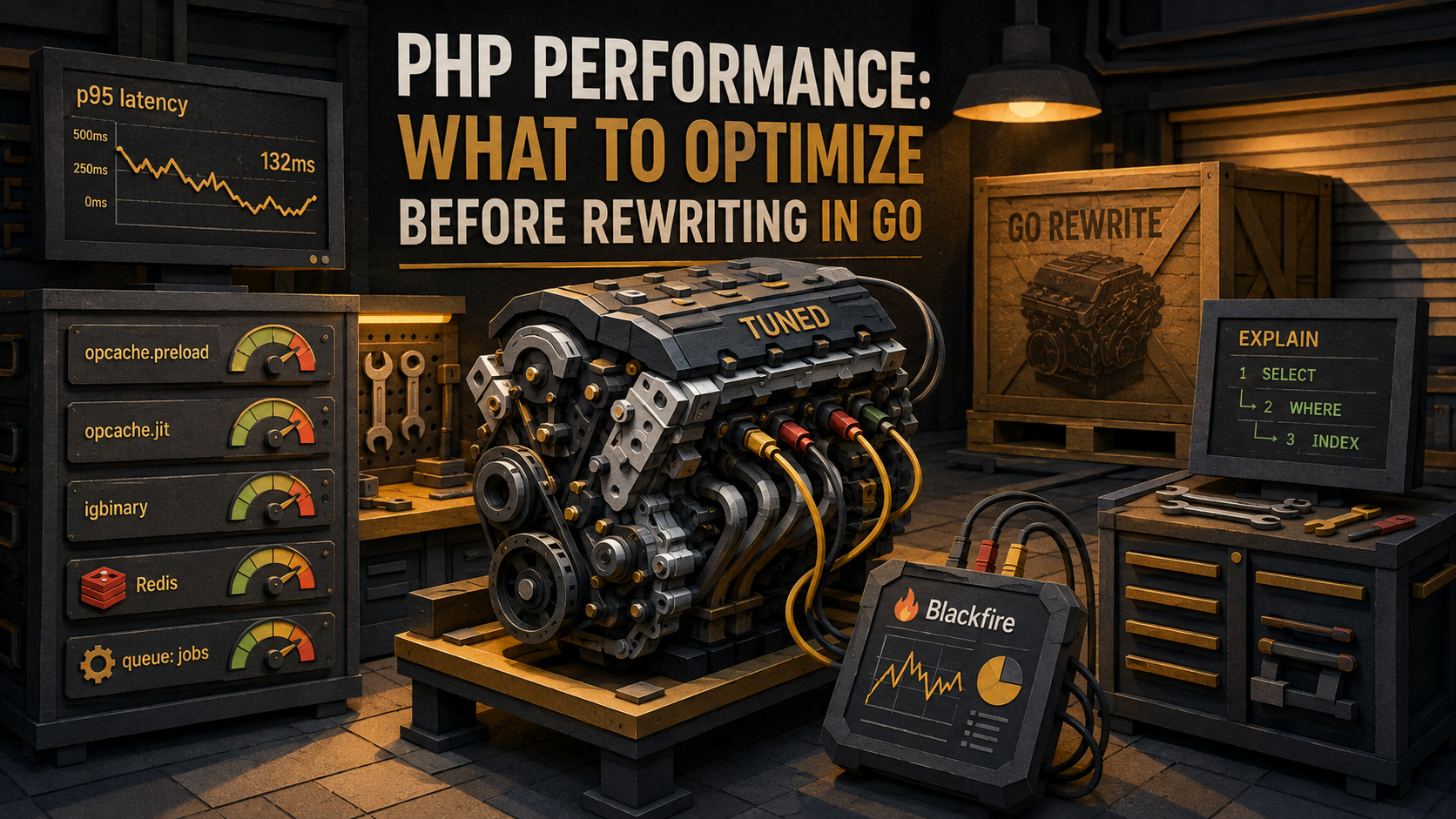 Editorial workshop cover: a tuned PHP engine on a diagnostic stand with labelled dials and monitors, beside a crated 'GO REWRITE' replacement engine pushed off to the side