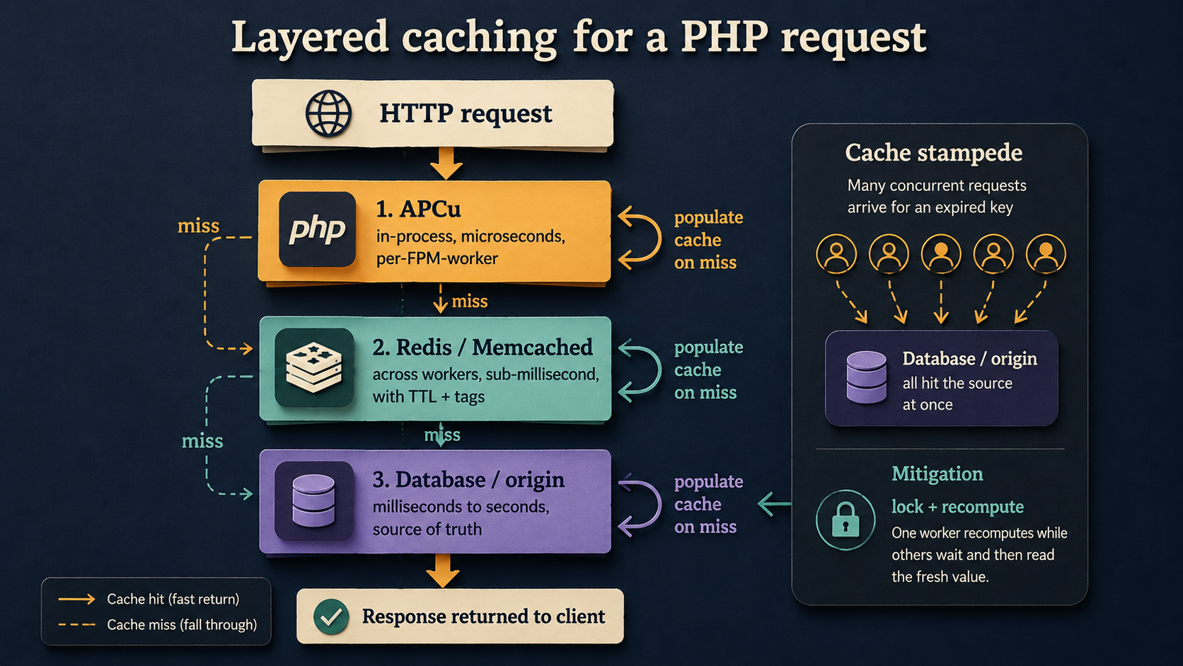 Vertical architecture diagram showing the three caching layers a PHP request traverses (APCu, Redis/Memcached, origin database) with a side inset illustrating a cache stampede