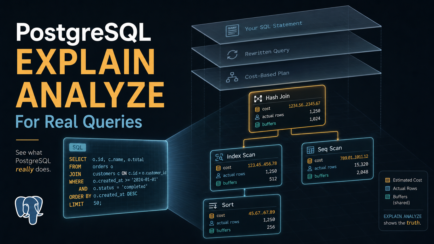 Editorial X-ray of a SQL query: the statement on the left and an exploded plan tree on the right with Seq Scan, Index Scan, Hash Join, and Sort node boxes labeled with cost, actual rows, and buffers badges.