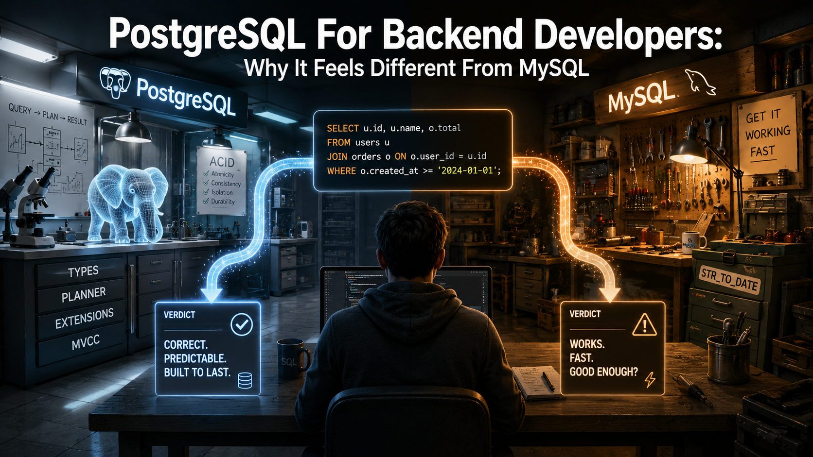 Split-panel editorial cover: strict Postgres engineering lab with labelled TYPES, PLANNER, EXTENSIONS, MVCC drawers on the left, and a MySQL workshop with quick-fix tools on the right