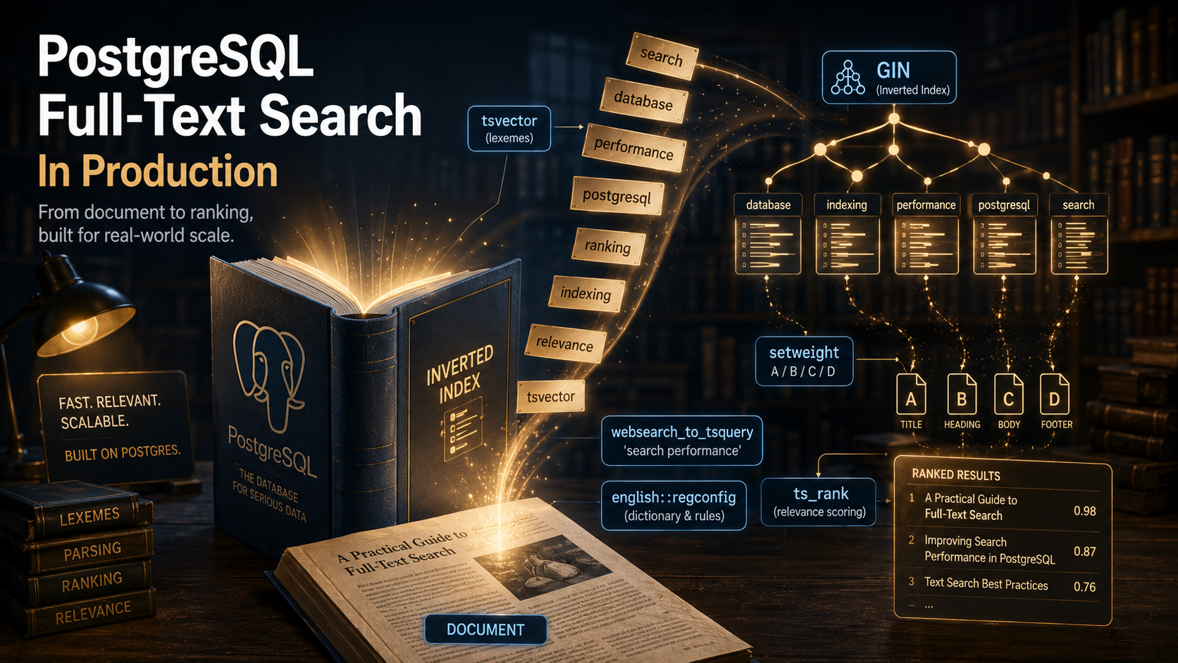 Editorial library-catalogue cover: a glowing inverted index lifted from a Postgres-shaped book, with tsvector, GIN, ts_rank, and websearch_to_tsquery labels