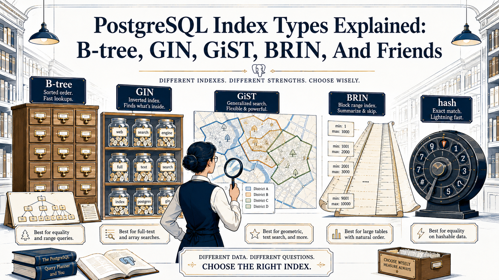 A librarian with a magnifying glass examines five cataloging systems in a vast library: a card-catalog cabinet labeled B-tree, shelved jars labeled GIN, a city district map for GiST, a timeline ruler for BRIN, and a combination wheel for hash