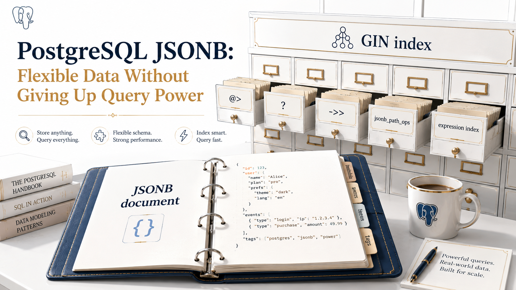 Library-catalogue cover showing an open binder labeled JSONB document on a desk, with a wall of GIN index-card drawers tagged with @>, ?, ->>, jsonb_path_ops, and expression index, in deep slate and amber editorial style
