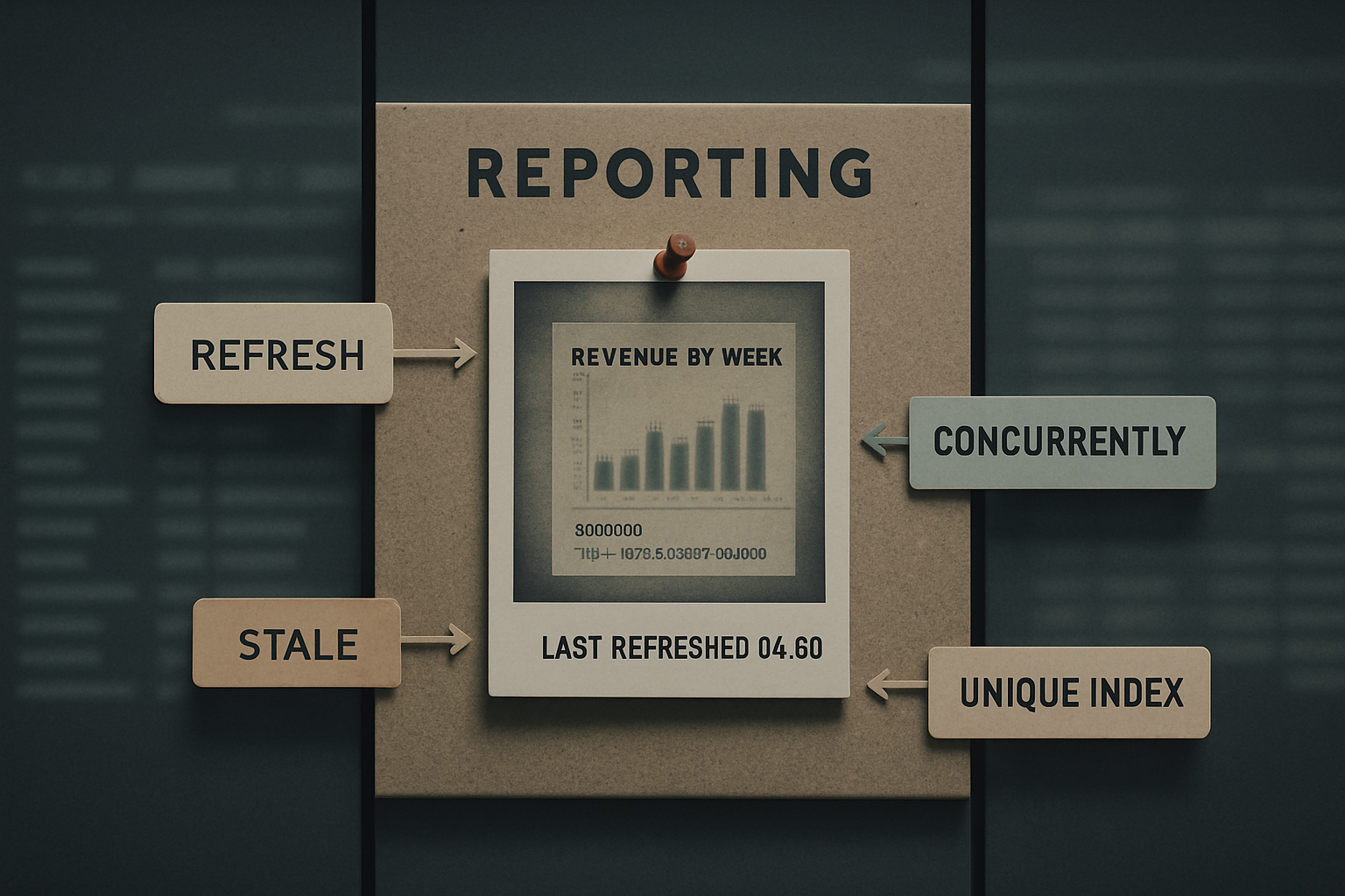 Editorial Polaroid-on-corkboard cover: a Polaroid snapshot of a weekly revenue dashboard pinned to a corkboard labeled REPORTING, surrounded by four pinned cards reading REFRESH, CONCURRENTLY, STALE, and UNIQUE INDEX.