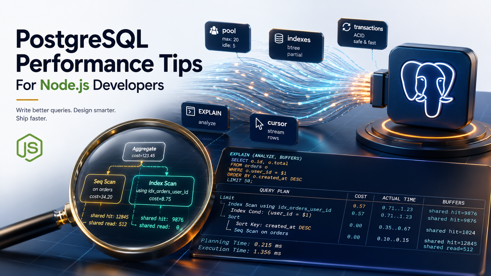 Editorial cover: a glowing magnifying glass over a SQL query plan with Seq Scan, Index Scan, shared hit and shared read labels, fiber-optic connection lines flowing into a Postgres elephant silhouette, deep navy background with amber and teal accents.