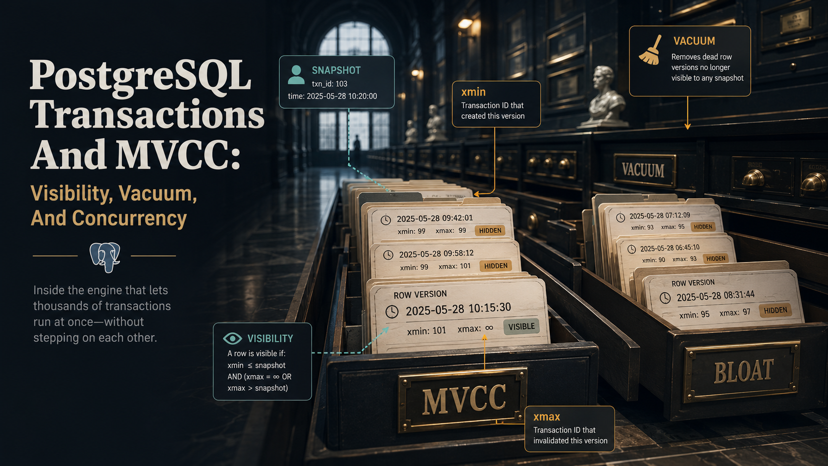Dark museum-archive scene with card-catalog drawers annotated with PostgreSQL MVCC concepts: xmin, xmax, SNAPSHOT, VISIBILITY rule, BLOAT, VACUUM, and the MVCC label on the central drawer