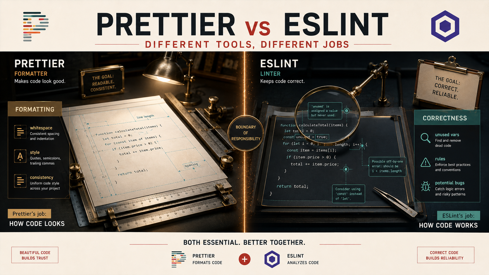 Split-scene editorial cover: a Prettier formatting workshop on the left with a code page under a desk lamp and labels for formatting, whitespace, and style, a glowing central seam labeled boundary of responsibility, and an ESLint inspection station on the right examining code under a magnifier with labels for correctness, unused vars, rules, and potential bugs.